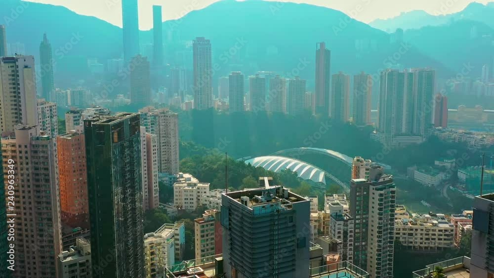 Drone aerial, reveal of stadium at Hong Kong Island Drone aerial, reveal of stadium at Hong Kong Island