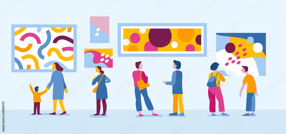 Vector illustration in flat simple style with characters - people visiting modern art gallery