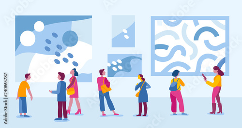 Vector illustration in flat simple style with characters - people visiting modern art gallery