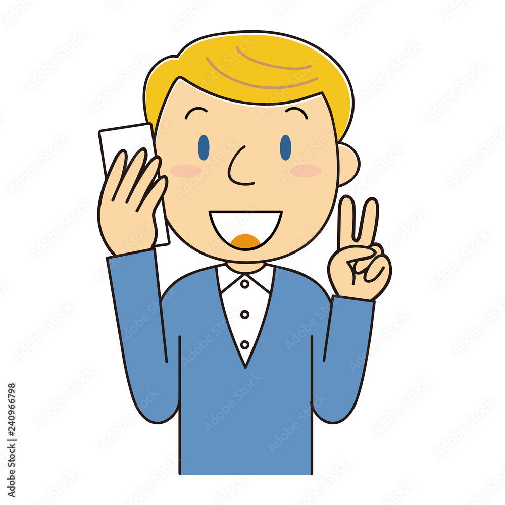 電話をしながらをVサインをしている外国人男性 電話をしながらをVサインをしている外国人男性