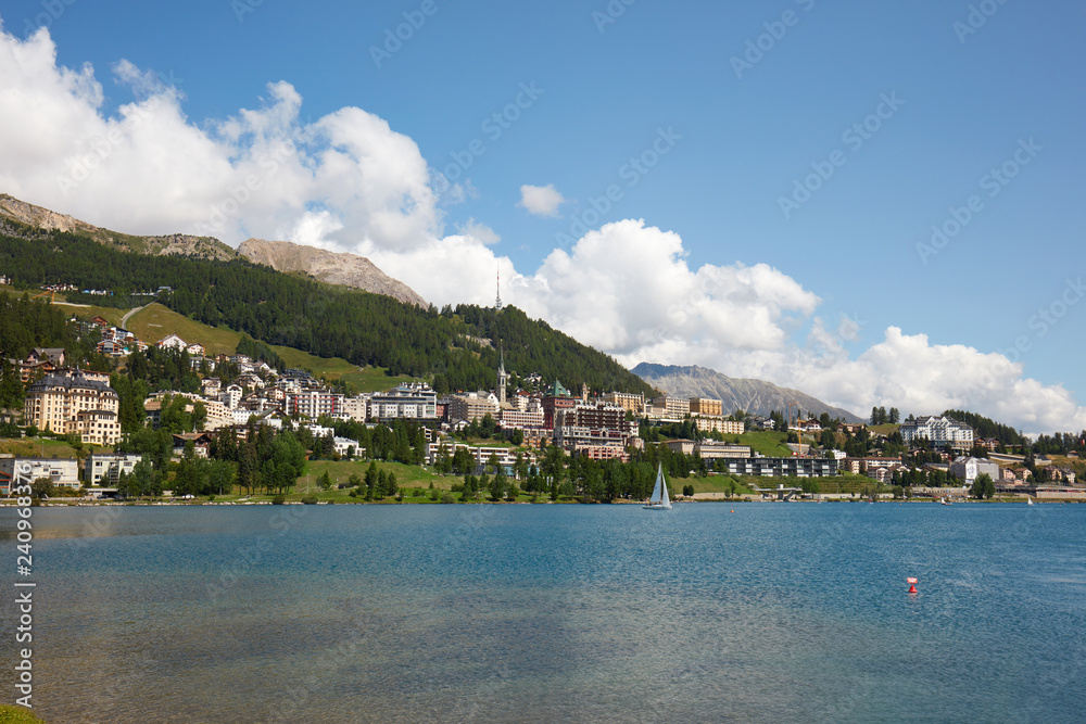 Saint Moritz town and lake in a sunny summer day in Switzerland