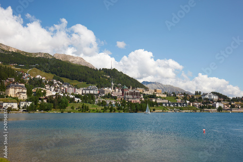 Saint Moritz town and lake in a sunny summer day in Switzerland