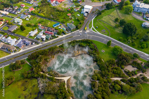 Highway running through Rotorua and past geothermal Kuirau park in New Zealand