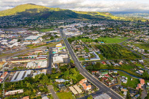 Aerial view of highway running through Rotorua, New Zealand