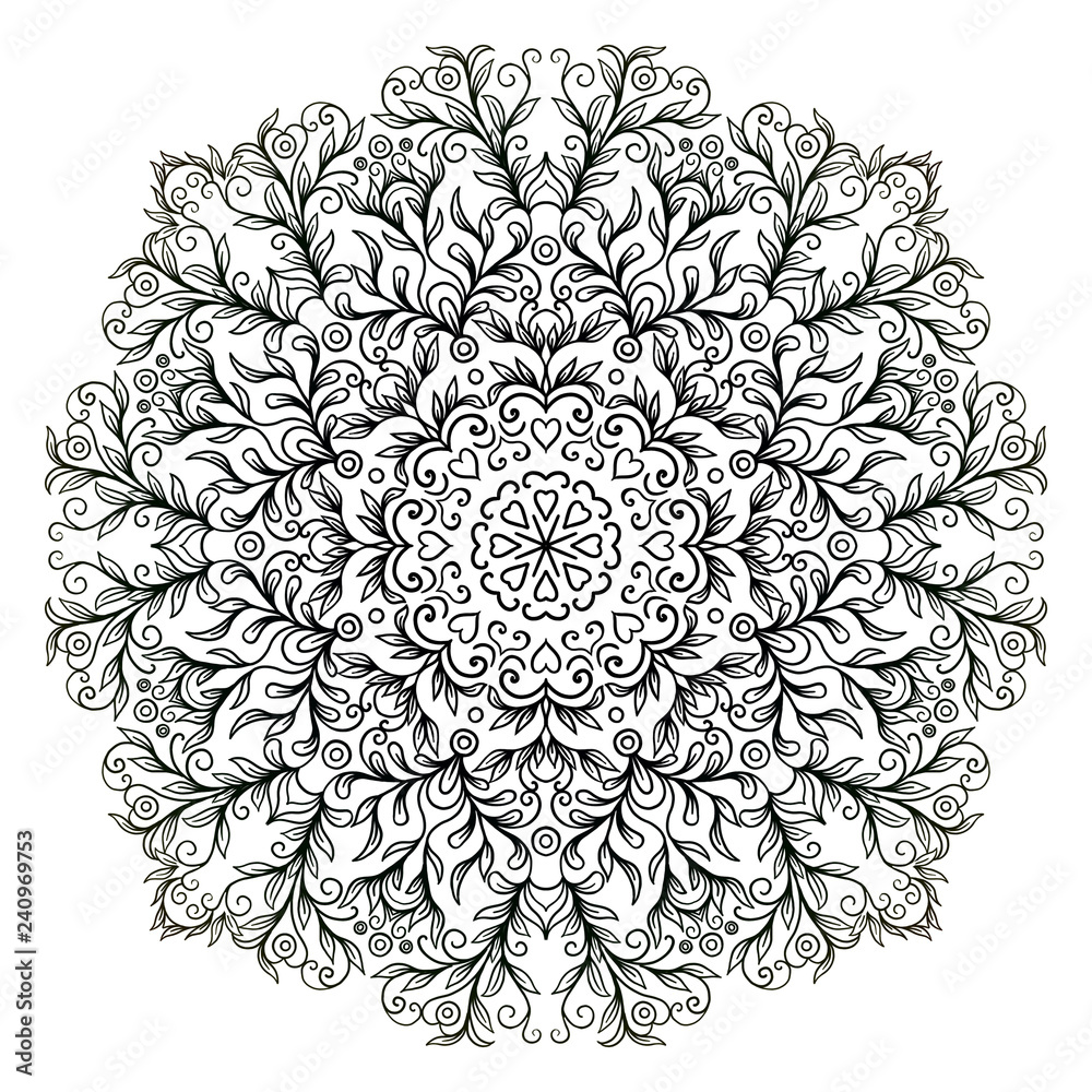 Mandala black and white pattern with floral ornaments