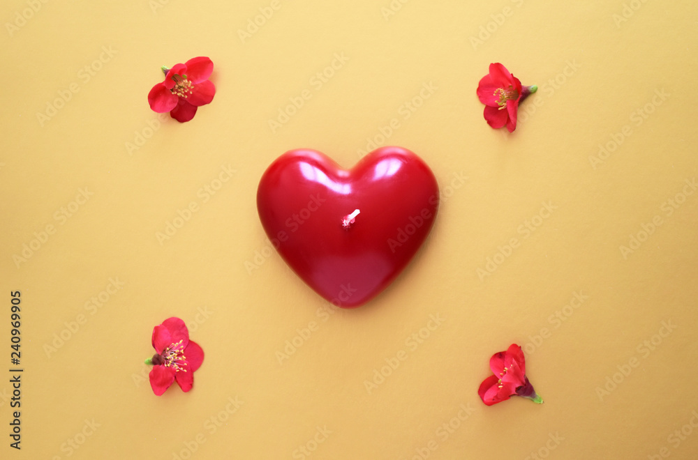 Valentine Flatlay Red Heart with Flowers on Golden Background