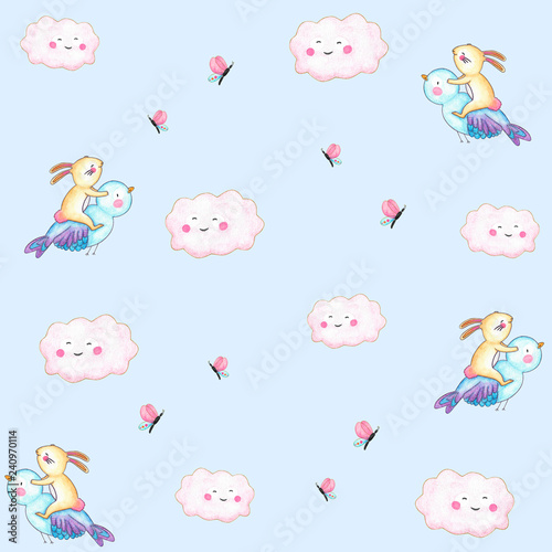 ImpriDigital Paper Bunny Print Flying Over a Little Bird Painted by Hand with Watercolors Digital Paper Seamless Patterns Nursery Printsmir