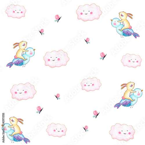 ImpriDigital Paper Bunny Print Flying Over a Little Bird Painted by Hand with Watercolors Digital Paper Seamless Patterns Nursery Printsmir