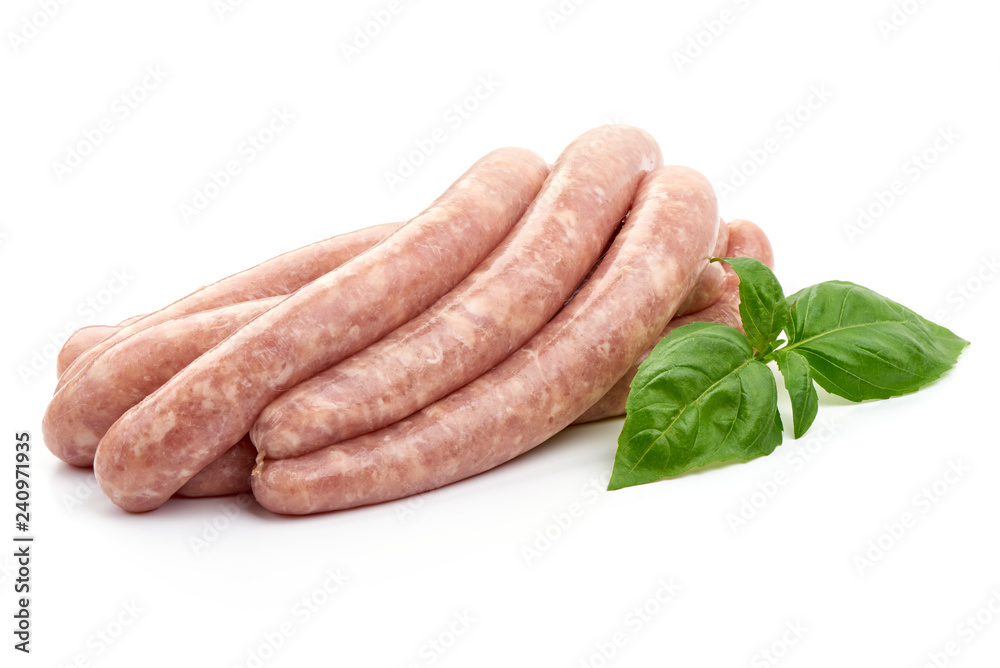Delicious Raw Sausages for barbecue with basil leaf, close-up, isolated on white background Delicious Raw Sausages for barbecue with basil leaf, close-up, isolated on white background