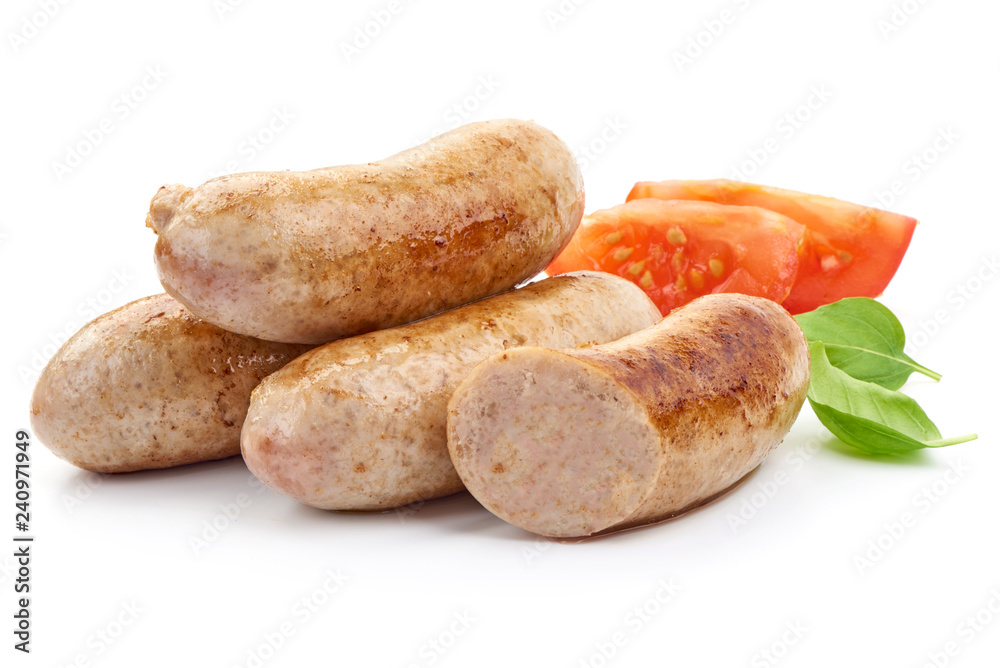 Fried Homemade Sausages with basil leaf and tomatoes, close-up, isolated on white background Fried Homemade Sausages with basil leaf and tomatoes, close-up, isolated on white background