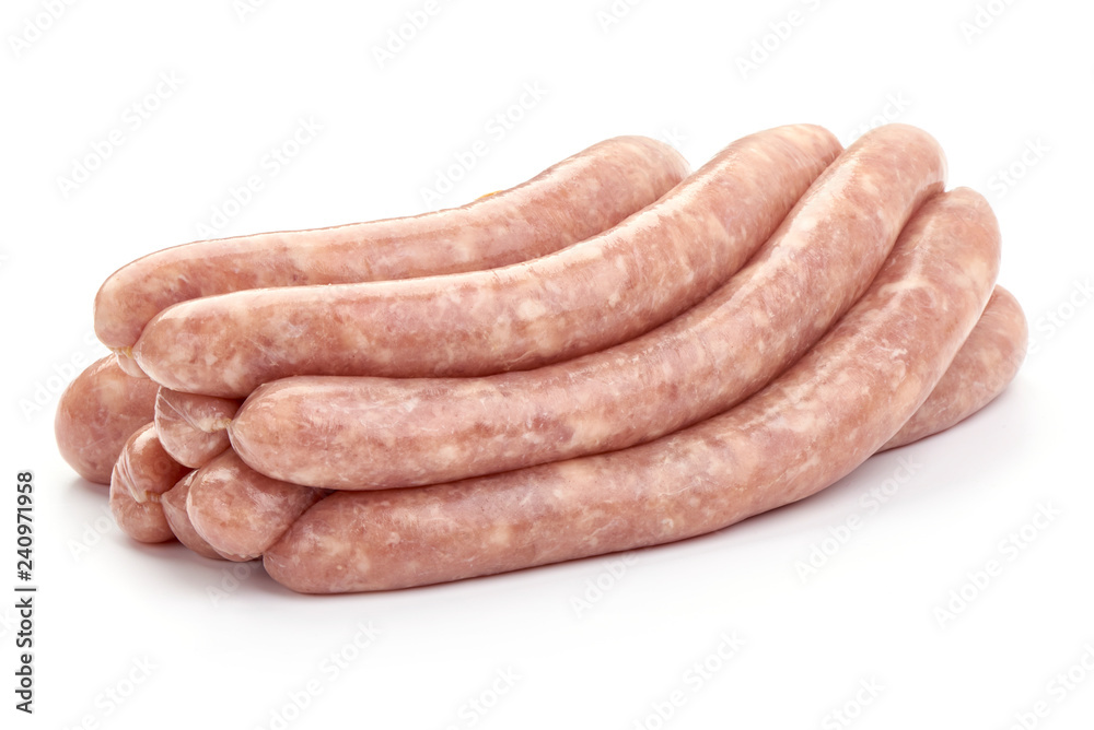 Raw Chicken Sausages, close-up, isolated on white background