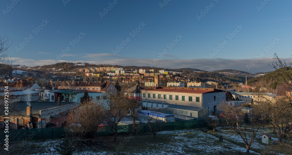 Vimperk town in cold winter evening in sunset time