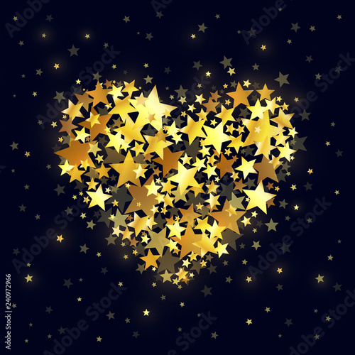 Abstract Gold Stars On Dark Background. Valentine`s Day greeting card. Heart shape with stars. Starry vector background with stars