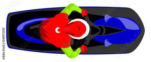 Santa Claus on aqua scooter bike wearing red cap with fur pompon in red vest isolated vector illustration top view