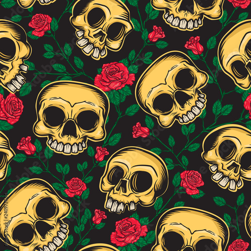 Day of the dead seamless pattern of skulls and flowers in Mexican style. Vector illustration of three skulls and brunch of roses on background.