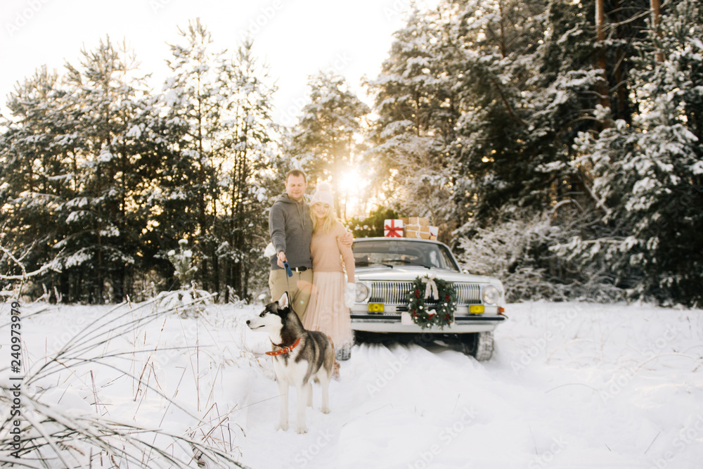 A guy and a girl are preparing for Christmas, walking with a husky dog on a retro car background, a Christmas tree on the roof and presents in a winter snowy forest. Selective focus on the dog A guy and a girl are preparing for Christmas, walking with a husky dog on a retro car background, a Christmas tree on the roof and presents in a winter snowy forest. Selective focus on the dog