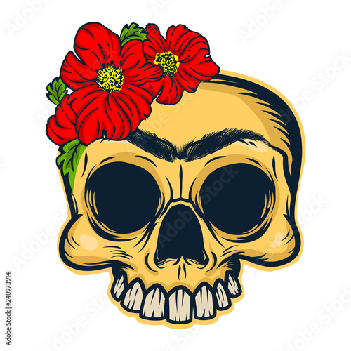 Frida Khalo skull mascot. Vector illustration of Frida Khalo skull with flowers wreath in Mexican style. photo