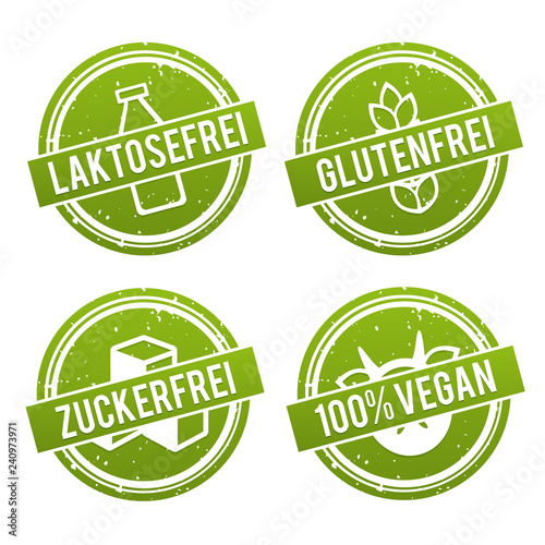 Vektor Symbole Vegan, Glutenfrei, Laktosefrei und Zuckerfrei.