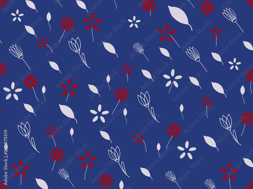illustration, white and red flowers and leaves on blue background
