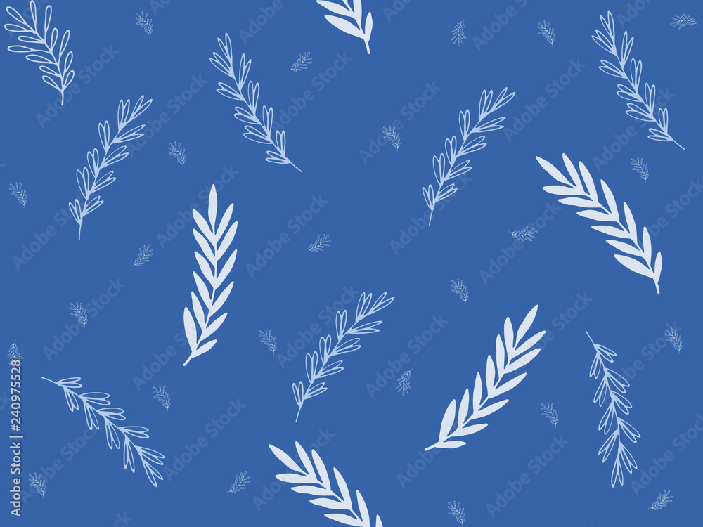 illustration, different, white, blue, twigs, branches, blue, background,