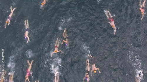 People Swimming İn the Sea, Swimming Race, 4K Aerial Video