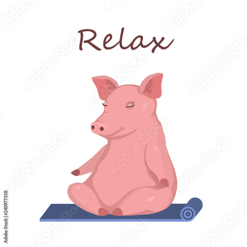 Cartoon pig is meditating on rug. Relax and yoga © NataliaKurnachenkova