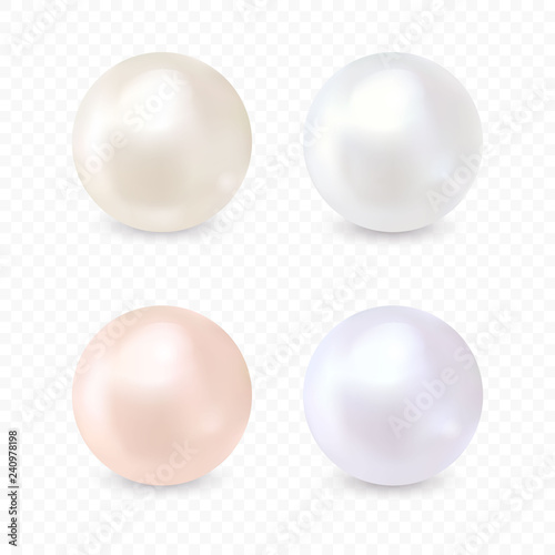Pearl set isolated on transparent background. Spherical beautiful 3D orb with transparent glares and highlights. 
