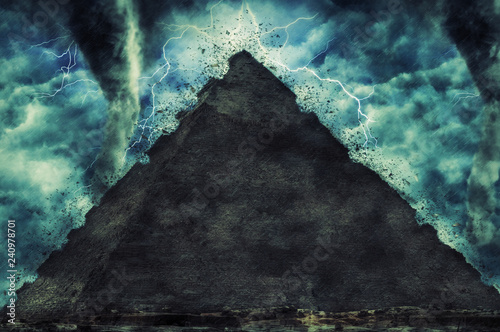 Egypt pyramid and the stone Sphinx on the Giza platou during the heavy storm, rain and lighting in Egypt, creative picture photo