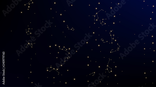 Constellation Map. Dark Galaxy Pattern. Astronomical Print. Shining Cosmic Sky with Many Stars.     Vector Milky Way Background.
