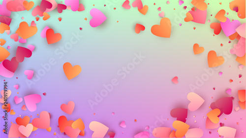 Love Background. Card Template. Heart Confetti Pattern. Many Random Falling Pink Hearts on Hologram Backdrop. Vector Love Background.