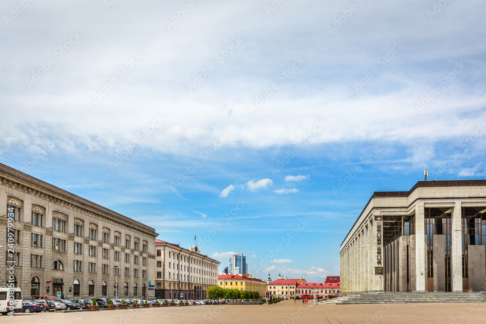 Minsk, Belarus - July 28th 2018 - A huge open air square in downtown Minsk, with government buildings around it in Minsk