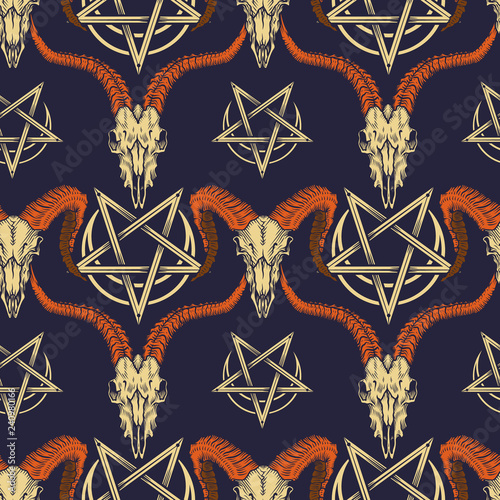 Vector seamless pattern with goat and ram skulls with illustration of stylish pentagram in engraving technique.