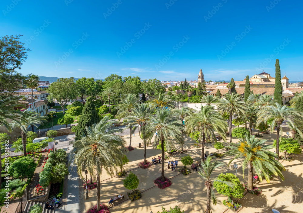 Fototapeta premium Aerial view from the Alcazares de los reyes and the Torre del campanario (Bell tower) in the background in Cordoba, Spain.