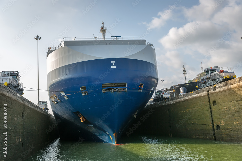 A huge ship entering a lock at the Panama Canal in Panama