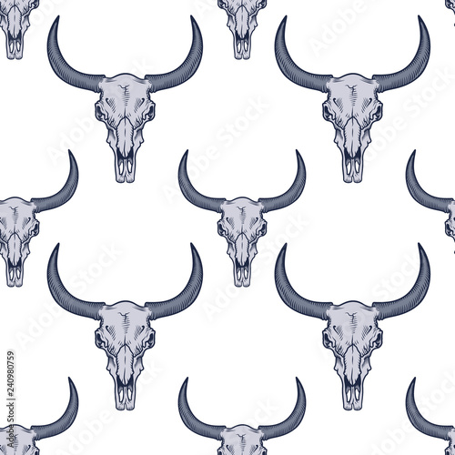 Vector seamless pattern with bull skulls illustrations in engraving technique.