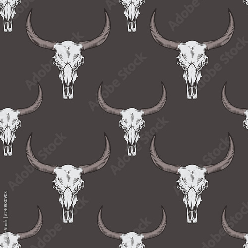 Vector seamless pattern with bull skulls illustrations in engraving technique.