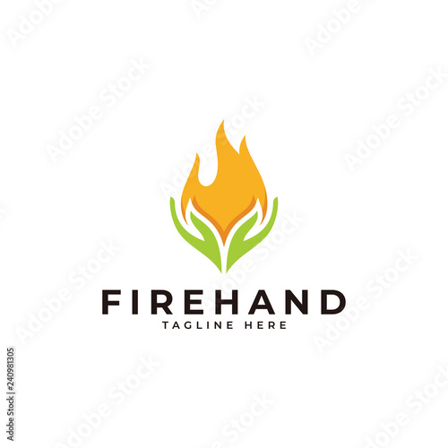 Fire and care hand logo, flame energy vector icon