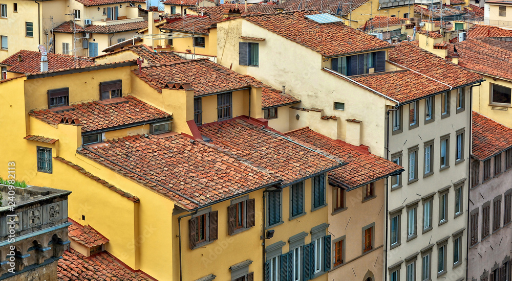 Aerial view. Nice buildings with red tile roofs in the old city. Italian culture and architecture. Panoramic skyline. Urban landscape. Italy, Florence