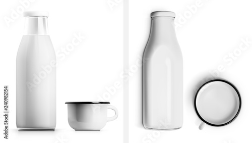 Realistic Glass Milk Bottle And Enamel Metal White Mug Isolated On White Background