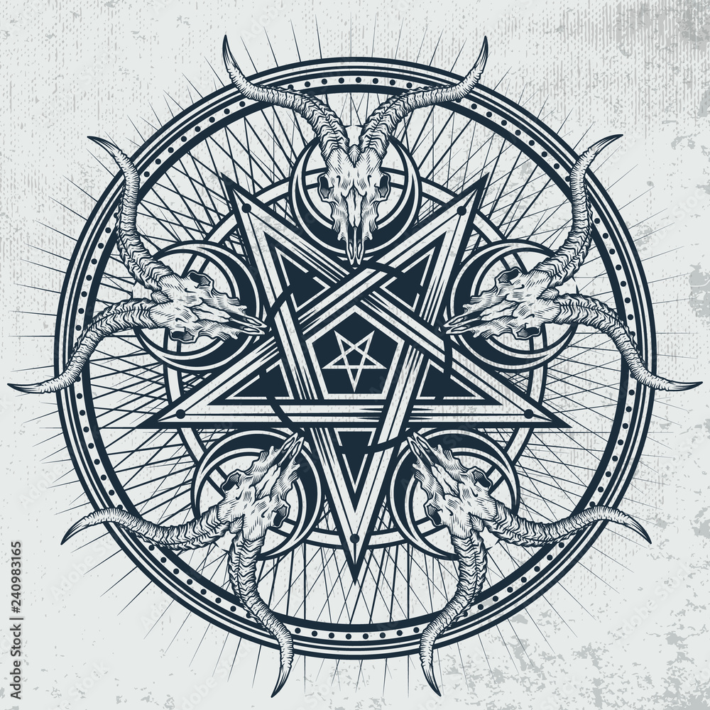 Stylish pentagram with goat skulls and star rays. Vector hand crafted illustration on grunge background. Good for posters, stickers, t-shirt prints, banners. 