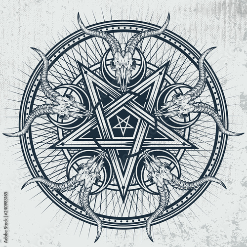 Stylish pentagram with goat skulls and star rays. Vector hand crafted illustration on grunge background. Good for posters, stickers, t-shirt prints, banners.  photo