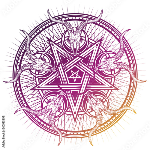 Stylish pentagram with goat skulls and star rays. Vector hand crafted illustration isolated on white. Good for posters, stickers, t-shirt prints, banners.