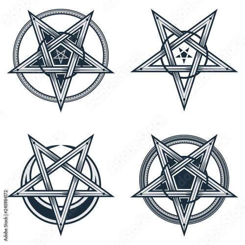 Set of stylish pentagrams with moon symbol. Vector illustration of satanic, occult symbols, isolated on white.