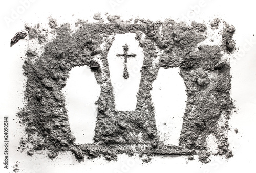 Three cascet or coffin drawing made in ash, dust, dirt photo