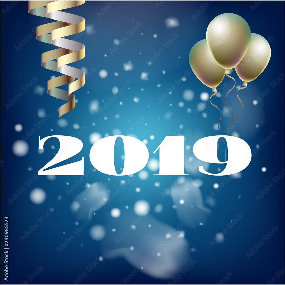 2019 New Year, Christmas Vector Card with Snow on Blue. Heavy Snowfall, Snowflakes Square Gift Voucher or Celebration Background. Holiday Decoration Template. Cool 2019 New Year Card on Blue.