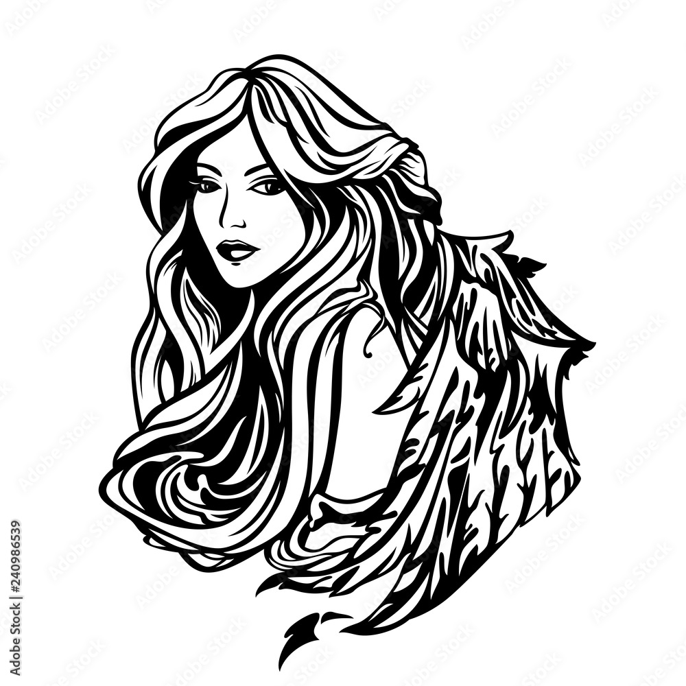 beautiful angel woman with long hair and feathered wings - black and white  vector portrait Stock Vector | Adobe Stock