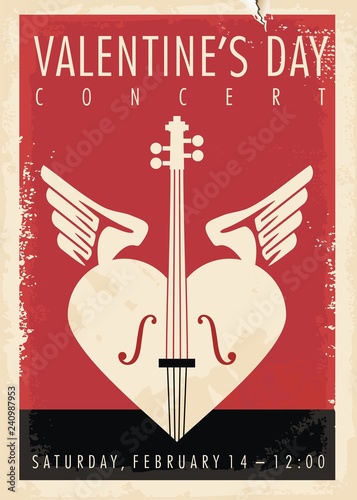 Valentines day music concert artistic poster design with violin, heart shape and Cupid wings. Vintage vector illustration.