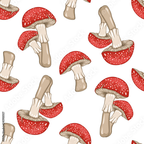 Seamless pattern of fairy-mushroom. Vector illustration isolated on white background.