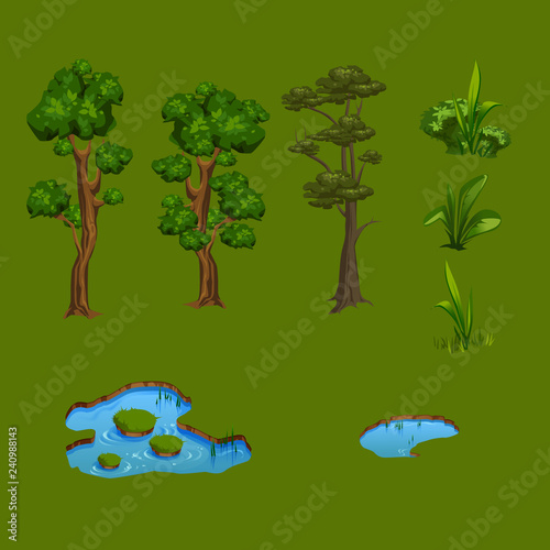 vector set of cute trees green plants lake swamp forest meadow