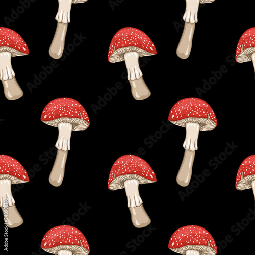 Seamless pattern of fairy-mushroom. Vector illustration isolated on black background.